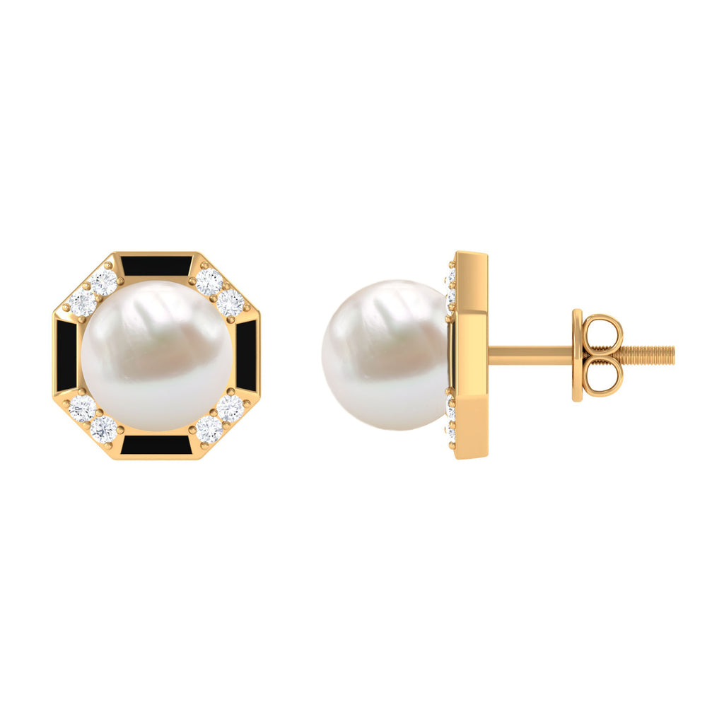 Freshwater Pearl Solitaire Octagon Shape Stud Earrings with Black Enamel Freshwater Pearl - ( AAA ) - Quality - Rosec Jewels