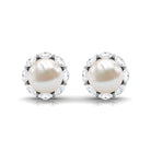 Freshwater Pearl Stud Earrings with Diamond Halo Freshwater Pearl - ( AAA ) - Quality - Rosec Jewels