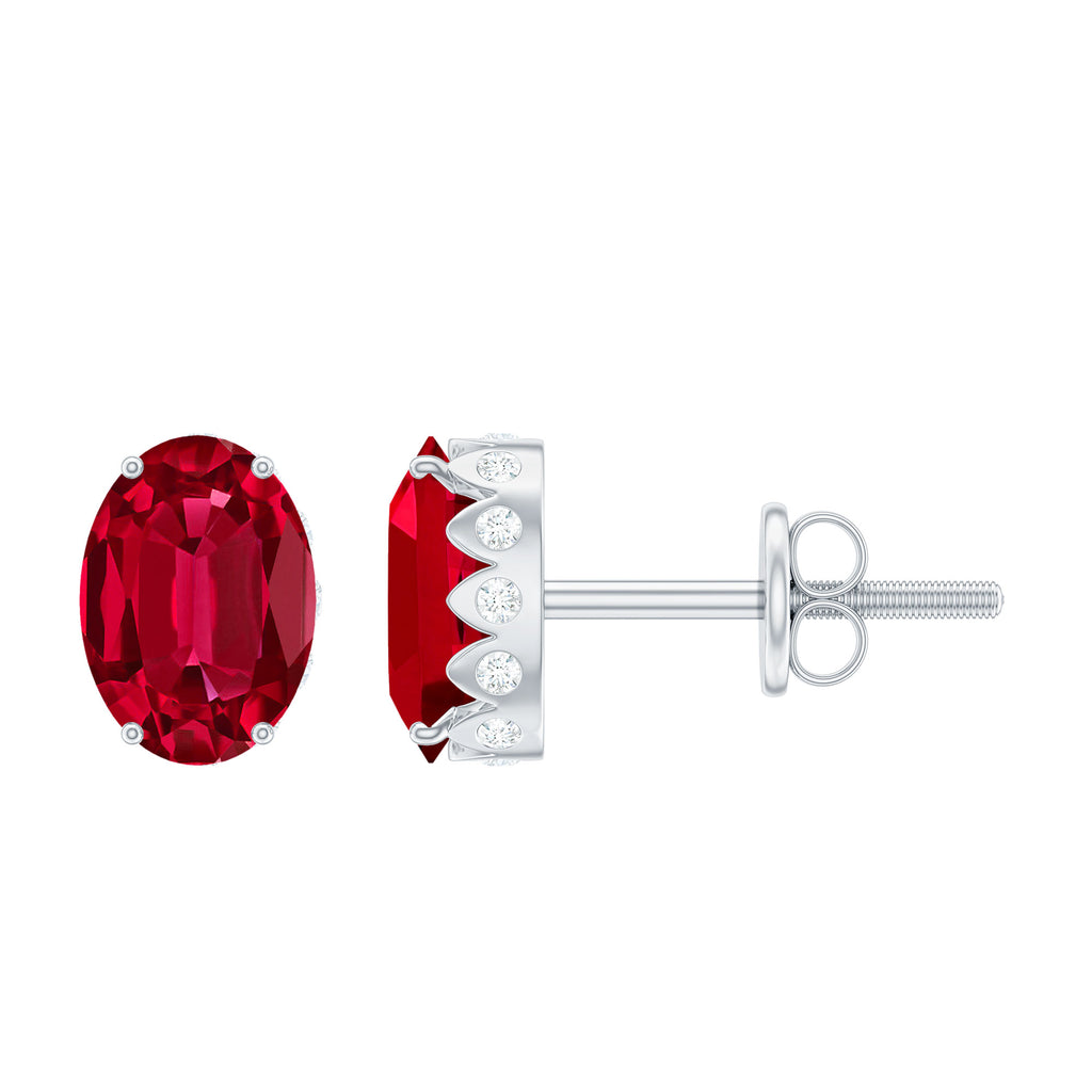 3.25 CT Oval Lab-Created Ruby Solitaire Stud Earrings with Diamond Lab Created Ruby - ( AAAA ) - Quality - Rosec Jewels