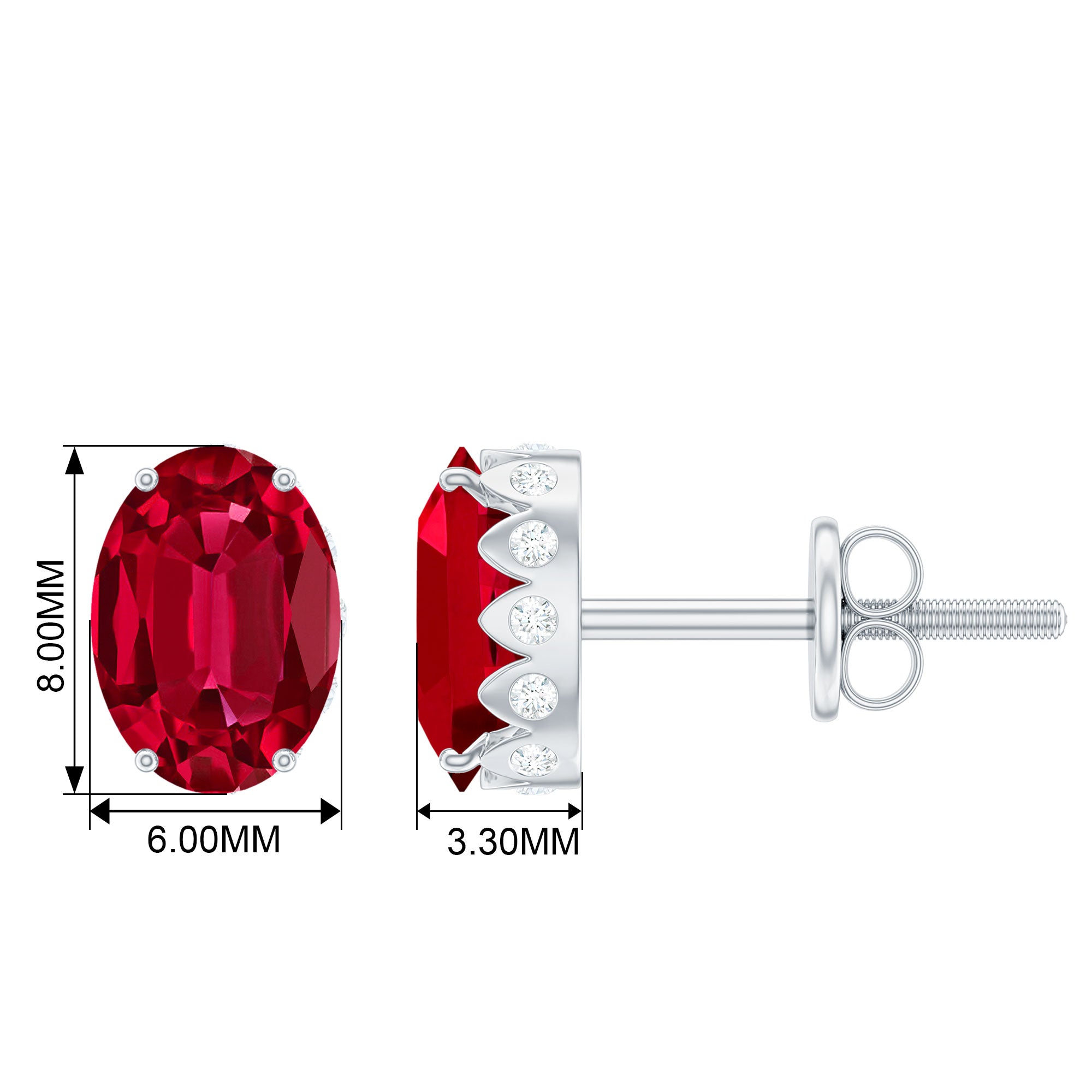 3.25 CT Oval Lab-Created Ruby Solitaire Stud Earrings with Diamond Lab Created Ruby - ( AAAA ) - Quality - Rosec Jewels