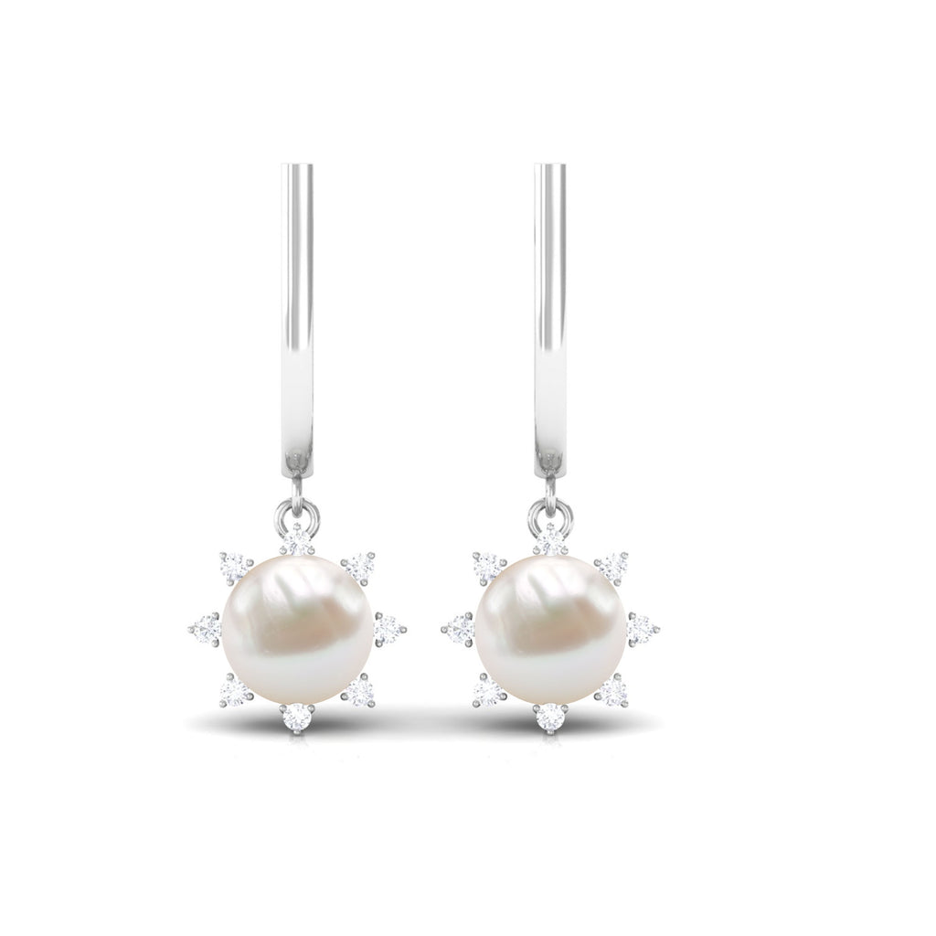 Classic Freshwater Pearl and Diamond Drop Earrings with Lever Back Freshwater Pearl - ( AAA ) - Quality - Rosec Jewels
