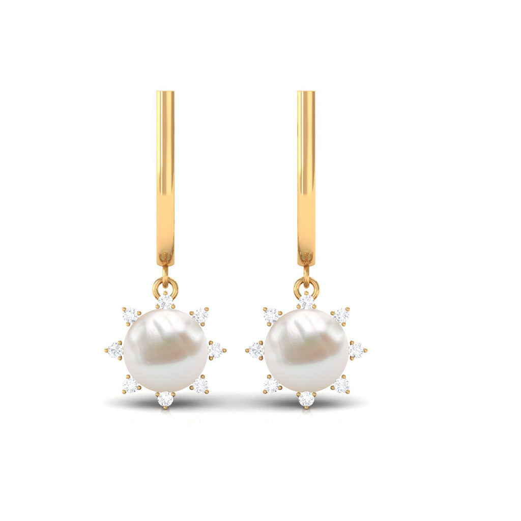 Classic Freshwater Pearl and Diamond Drop Earrings with Lever Back Freshwater Pearl - ( AAA ) - Quality - Rosec Jewels