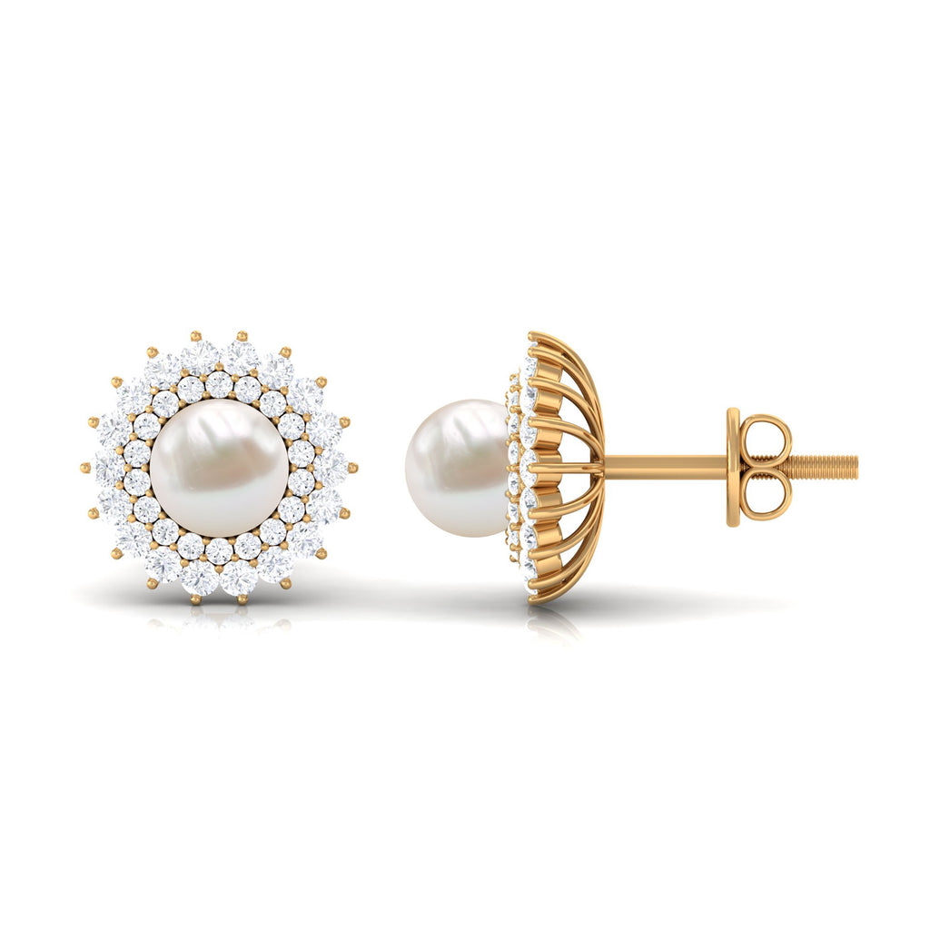 Freshwater Pearl Statement Stud Earrings with Diamond Double Halo Freshwater Pearl - ( AAA ) - Quality - Rosec Jewels