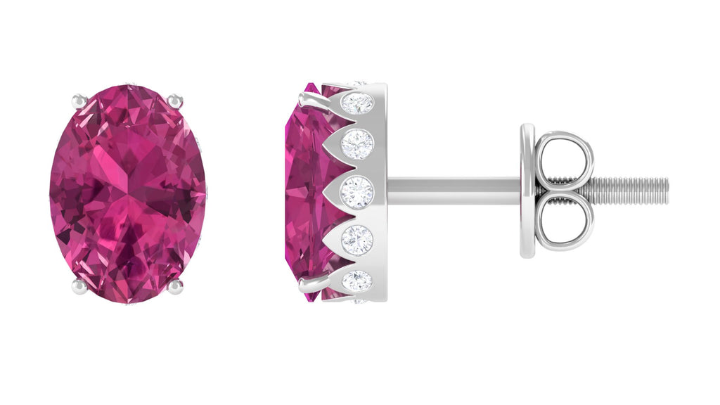 Pink Tourmaline Oval Stud Earrings with Diamond Pink Tourmaline - ( AAA ) - Quality - Rosec Jewels