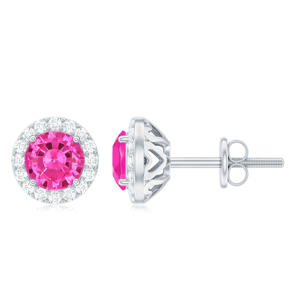 Created Pink Sapphire Screw Back Earrings With Diamond Halo Lab Created Pink Sapphire - ( AAAA ) - Quality - Rosec Jewels