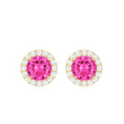 Created Pink Sapphire Screw Back Earrings With Diamond Halo Lab Created Pink Sapphire - ( AAAA ) - Quality - Rosec Jewels