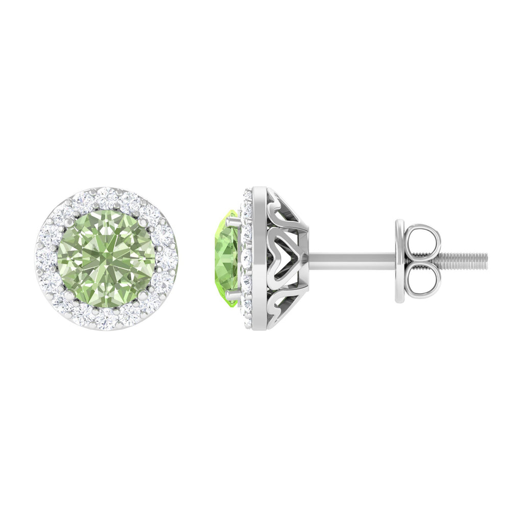 Round Green Sapphire and Diamond Classic Halo Stud Earrings Green Sapphire - ( AAA ) - Quality - Rosec Jewels