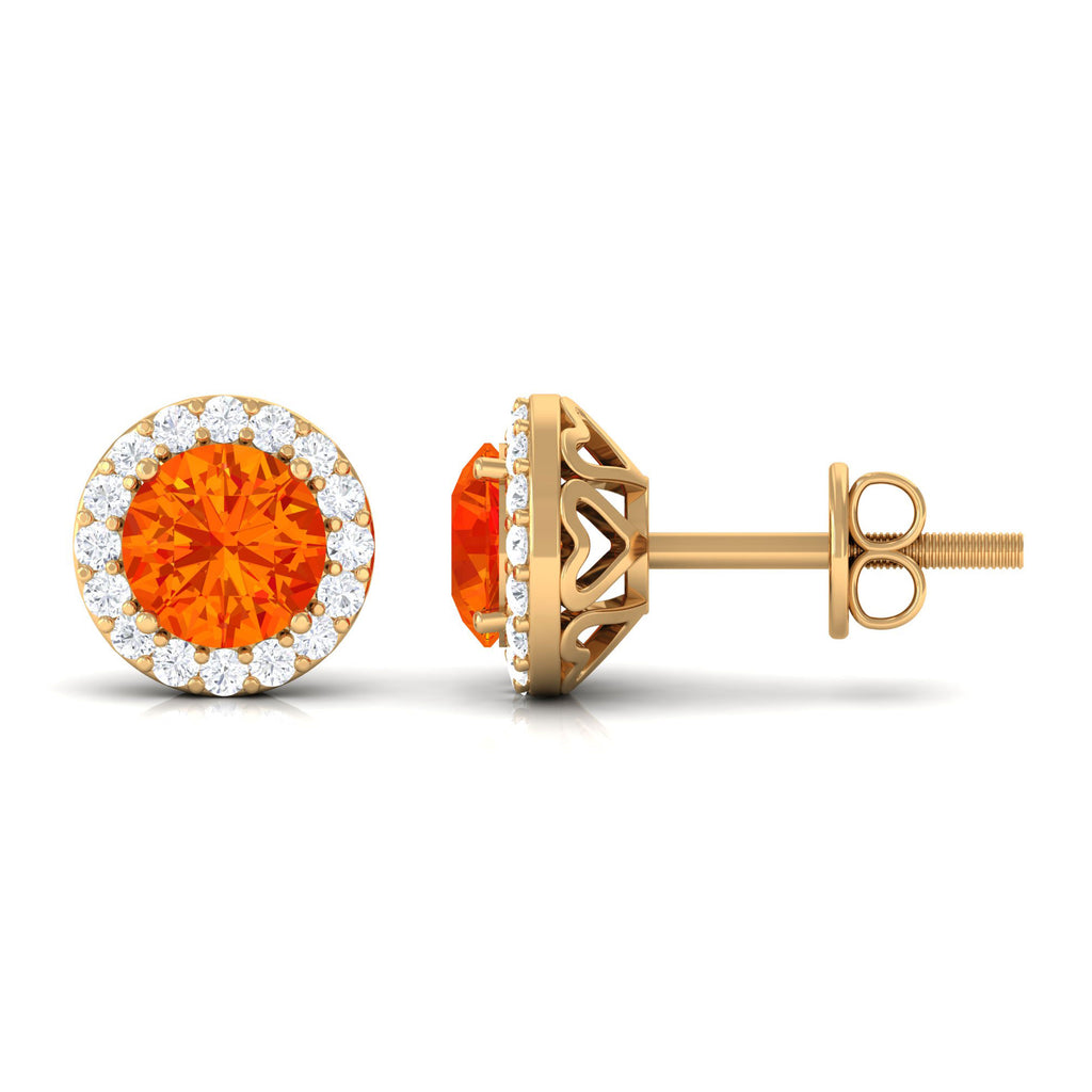 Classic Orange Sapphire Stud Earrings with Diamond Halo Orange Sapphire - ( AAA ) - Quality - Rosec Jewels