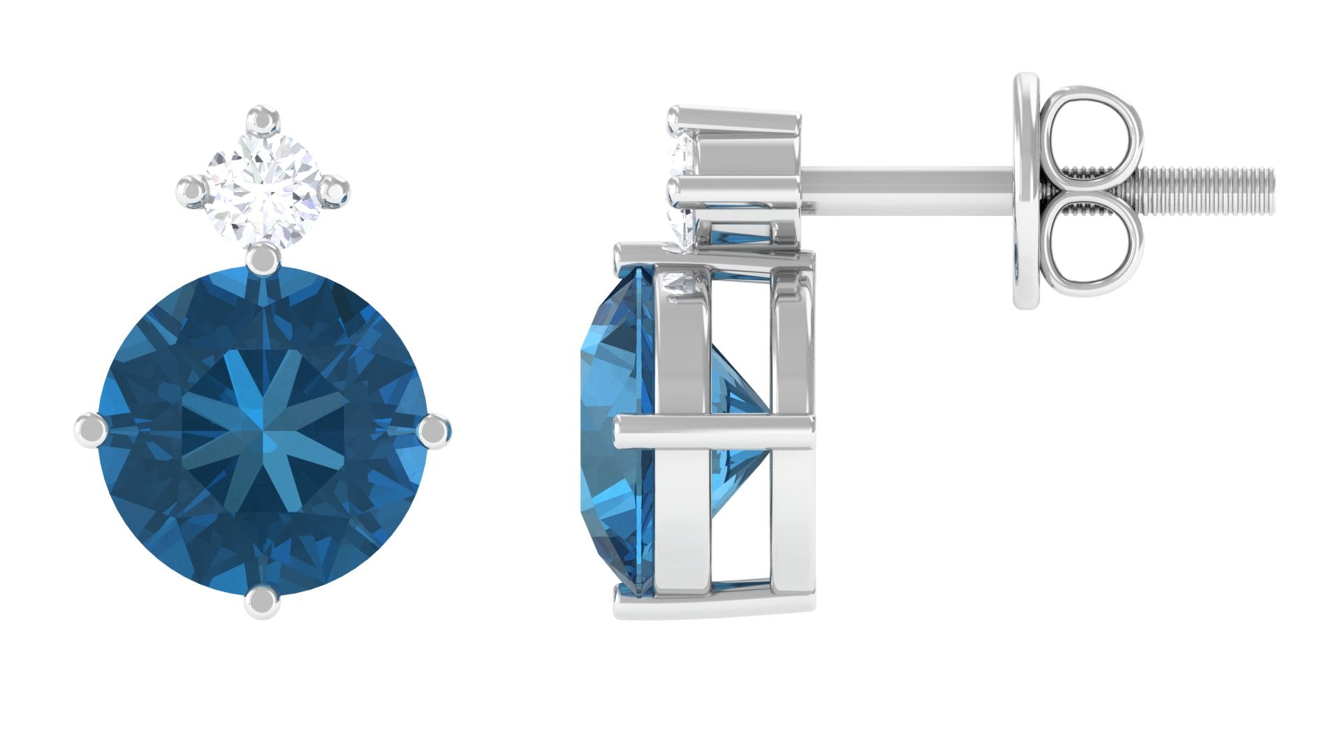 London Blue Topaz Solitaire Stud Earrings with Diamond London Blue Topaz - ( AAA ) - Quality - Rosec Jewels