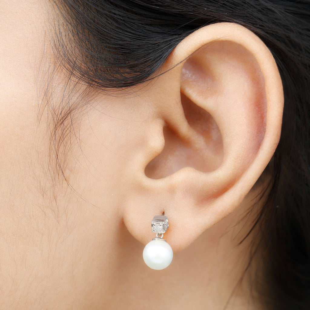 Real Freshwater Pearl Drop with Diamond Stud Earrings Freshwater Pearl - ( AAA ) - Quality - Rosec Jewels