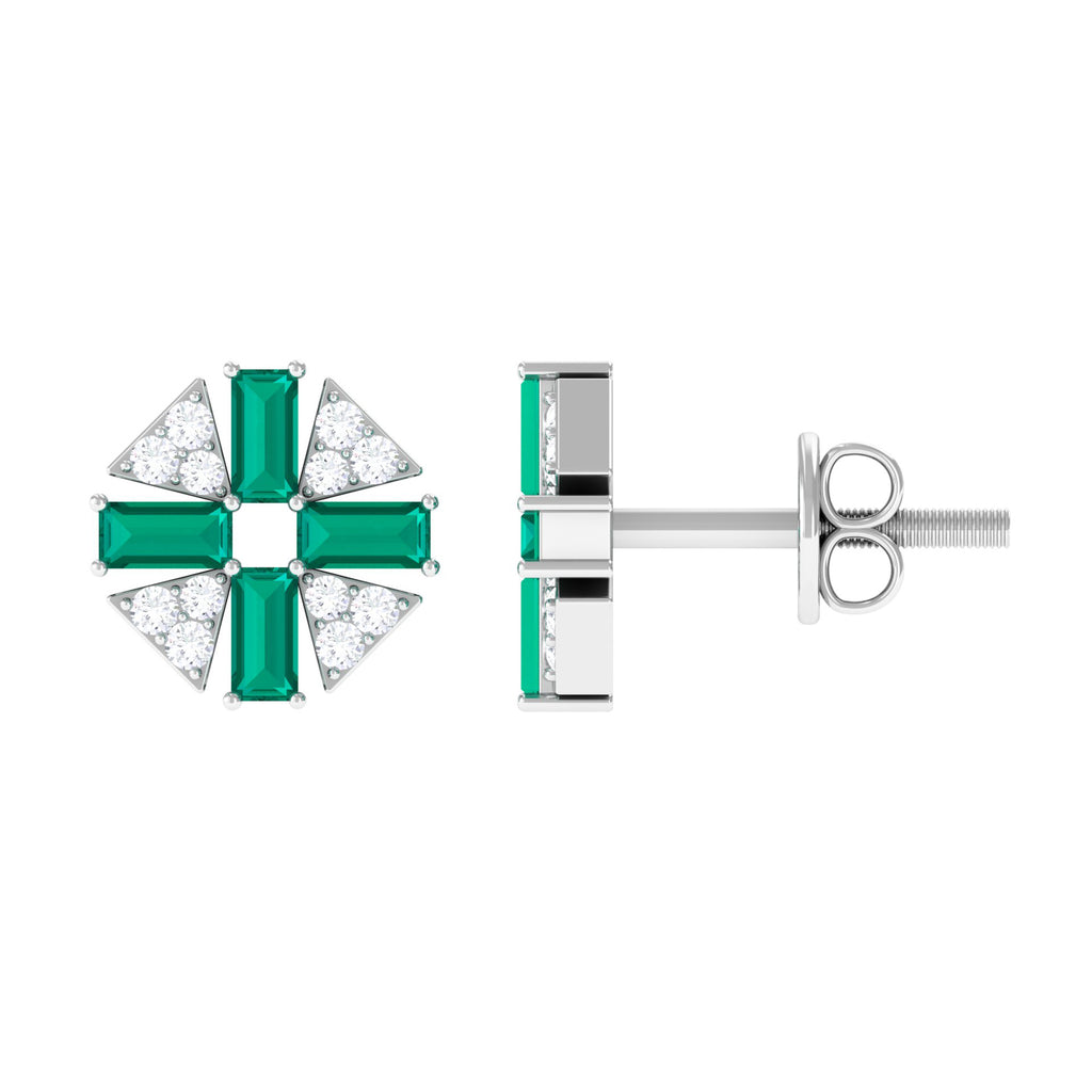 3/4 CT Baguette Cut Emerald and Diamond Contemporary Stud Earrings Emerald - ( AAA ) - Quality - Rosec Jewels