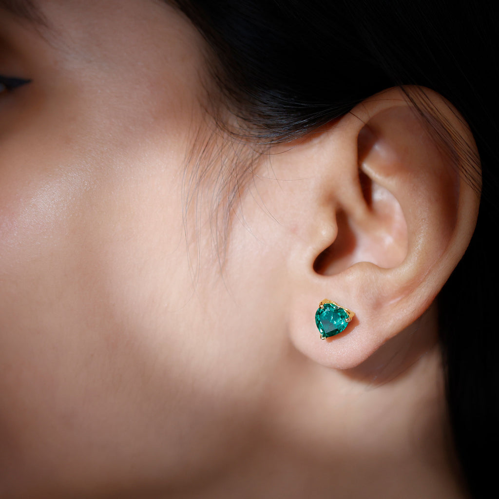 7 MM Heart Shape Created Emerald Solitaire Stud Earrings in Gold Lab Created Emerald - ( AAAA ) - Quality - Rosec Jewels