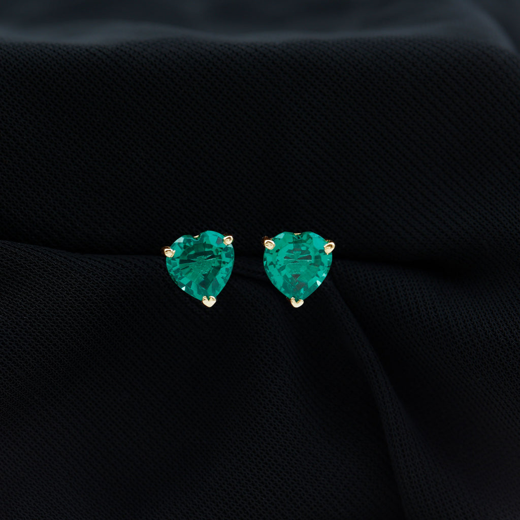 7 MM Heart Shape Created Emerald Solitaire Stud Earrings in Gold Lab Created Emerald - ( AAAA ) - Quality - Rosec Jewels
