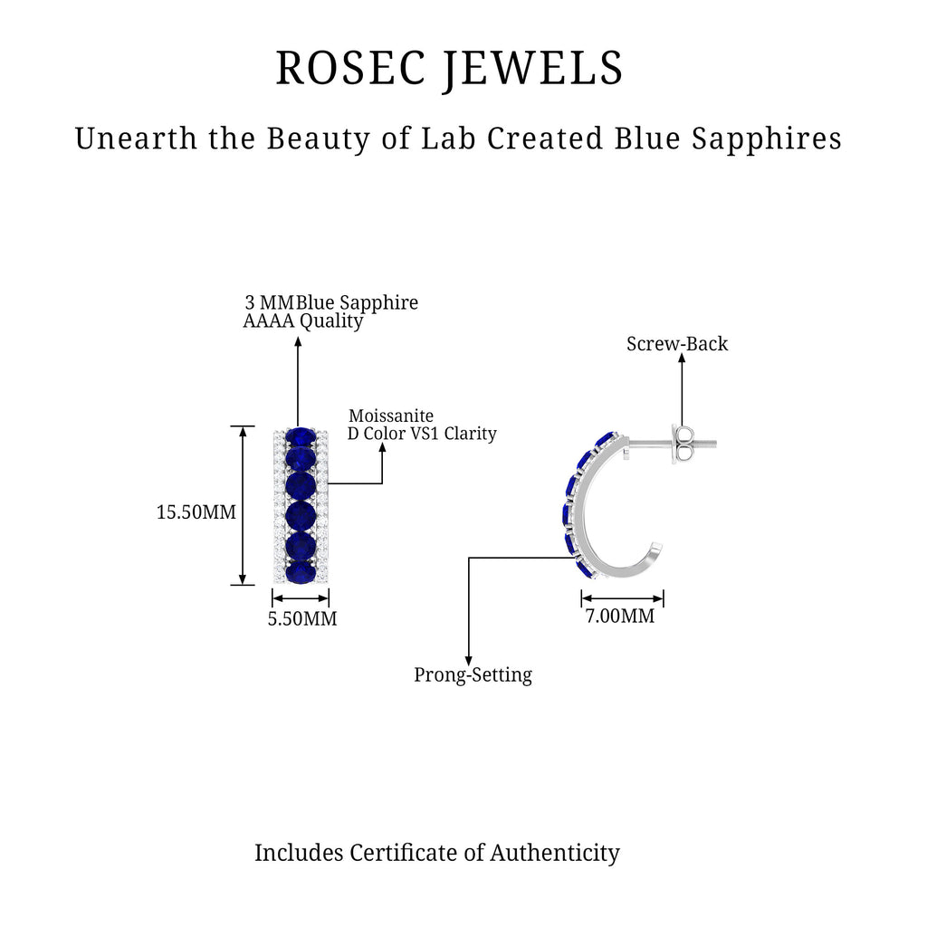 2 CT Created Blue Sapphire and Moissanite J Hoop Earrings Lab Created Blue Sapphire - ( AAAA ) - Quality - Rosec Jewels