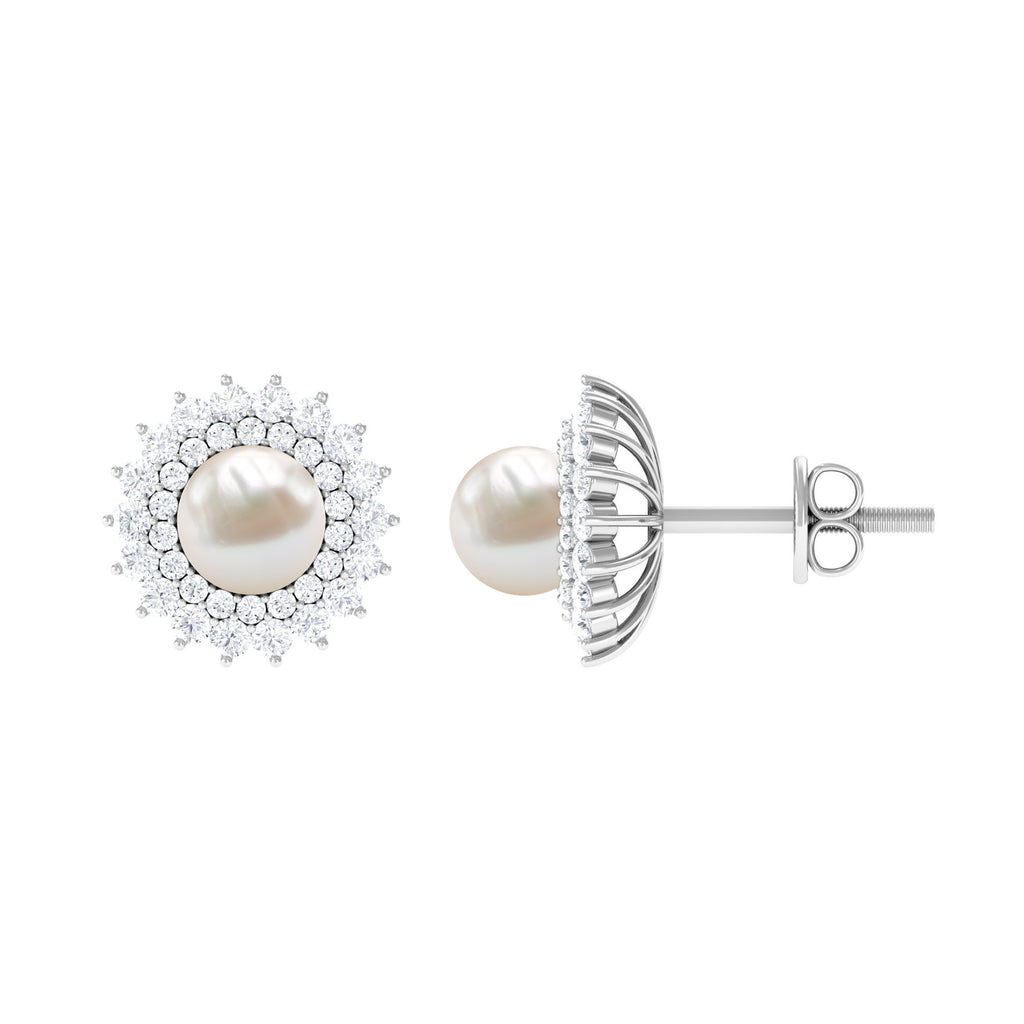 Freshwater Pearl Stud Earrings with Diamond Double Halo Freshwater Pearl - ( AAA ) - Quality - Rosec Jewels