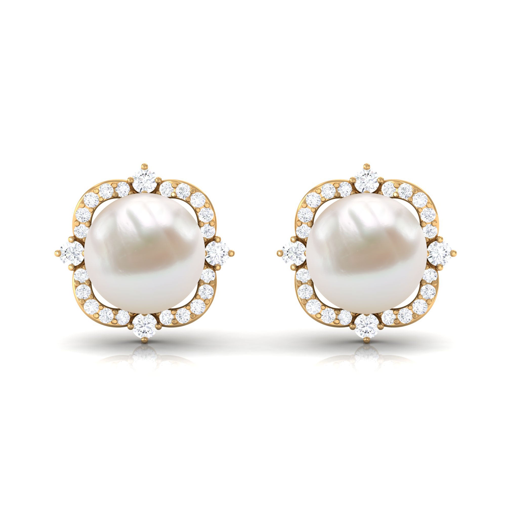 Classic Freshwater Pearl Stud Earrings with Diamond Halo Freshwater Pearl - ( AAA ) - Quality - Rosec Jewels
