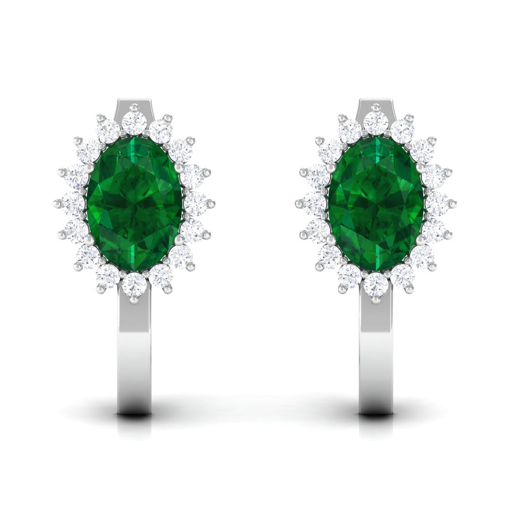 2 CT Oval Cut Created Emerald and Diamond Halo Stud Earring Lab Created Emerald - ( AAAA ) - Quality - Rosec Jewels