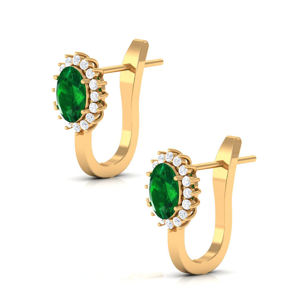 2 CT Oval Cut Created Emerald and Diamond Halo Stud Earring Lab Created Emerald - ( AAAA ) - Quality - Rosec Jewels