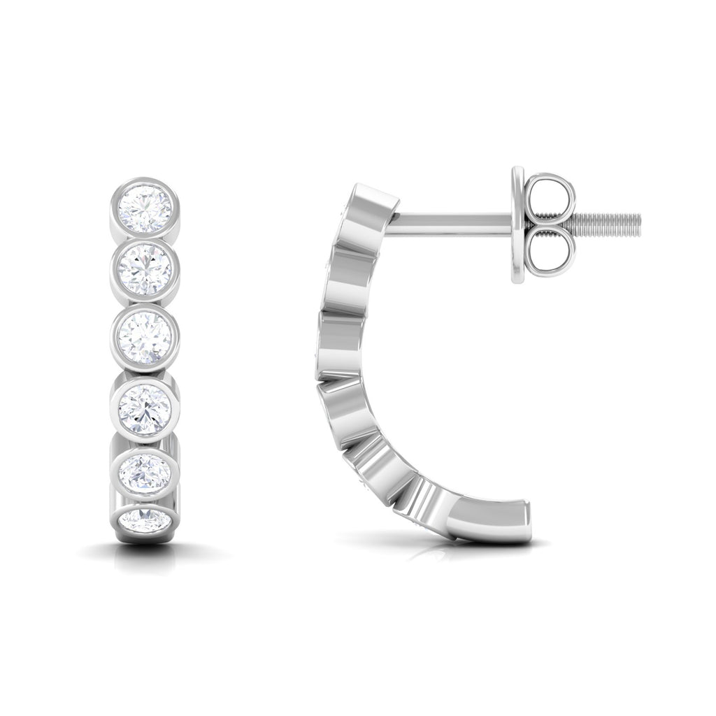 3/4 CT Bezel Set Round Moissanite Simple J Hoop Earrings Moissanite - ( D-VS1 ) - Color and Clarity - Rosec Jewels