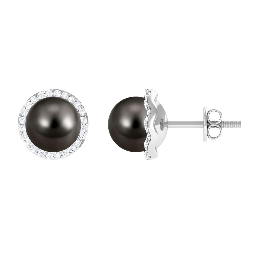 Classic Tahitian Pearl Stud Earrings with Diamond Halo Tahitian pearl - ( AAA ) - Quality - Rosec Jewels