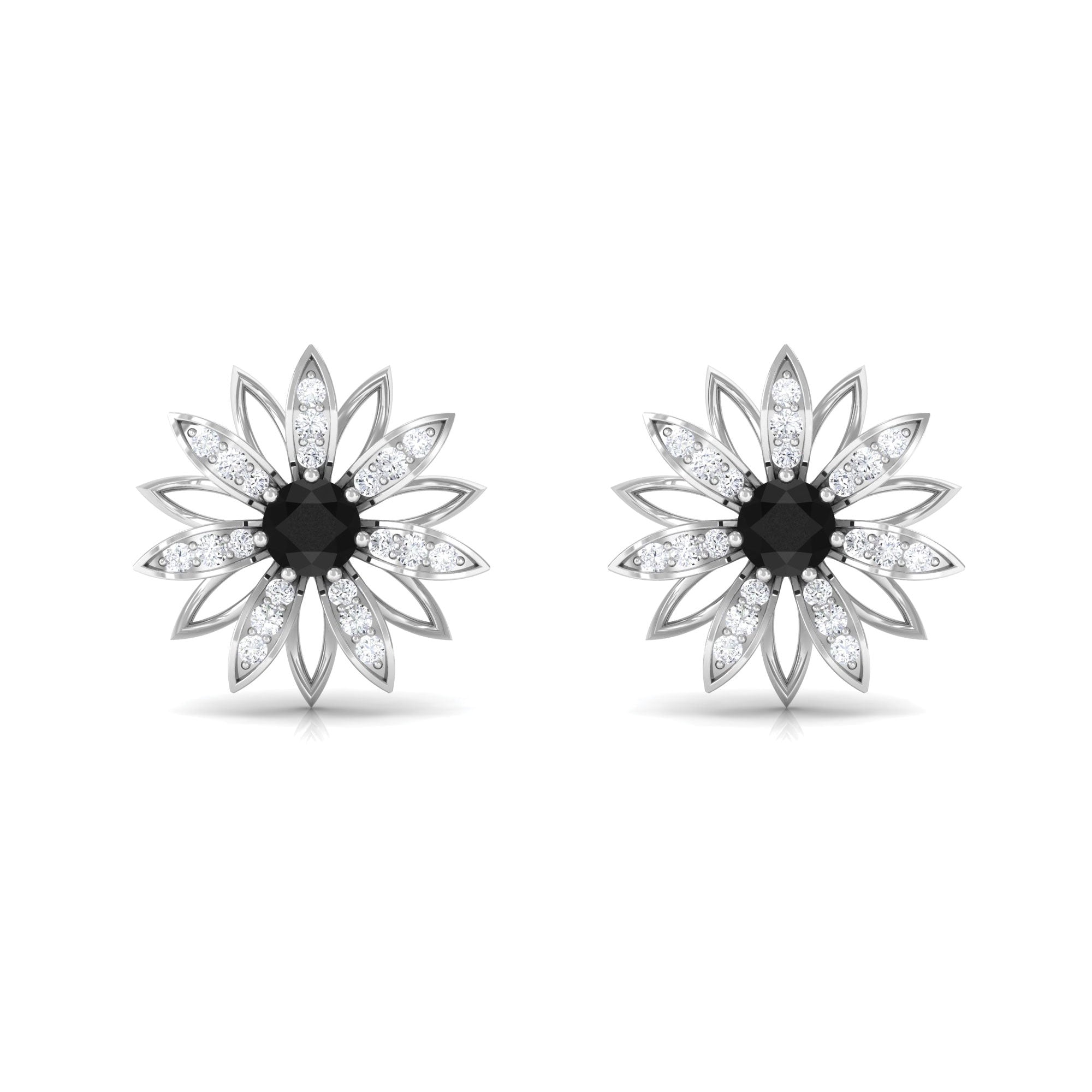 Black and White Diamond Floral Stud Earrings in Prong Setting Black Diamond - ( AAA ) - Quality - Rosec Jewels
