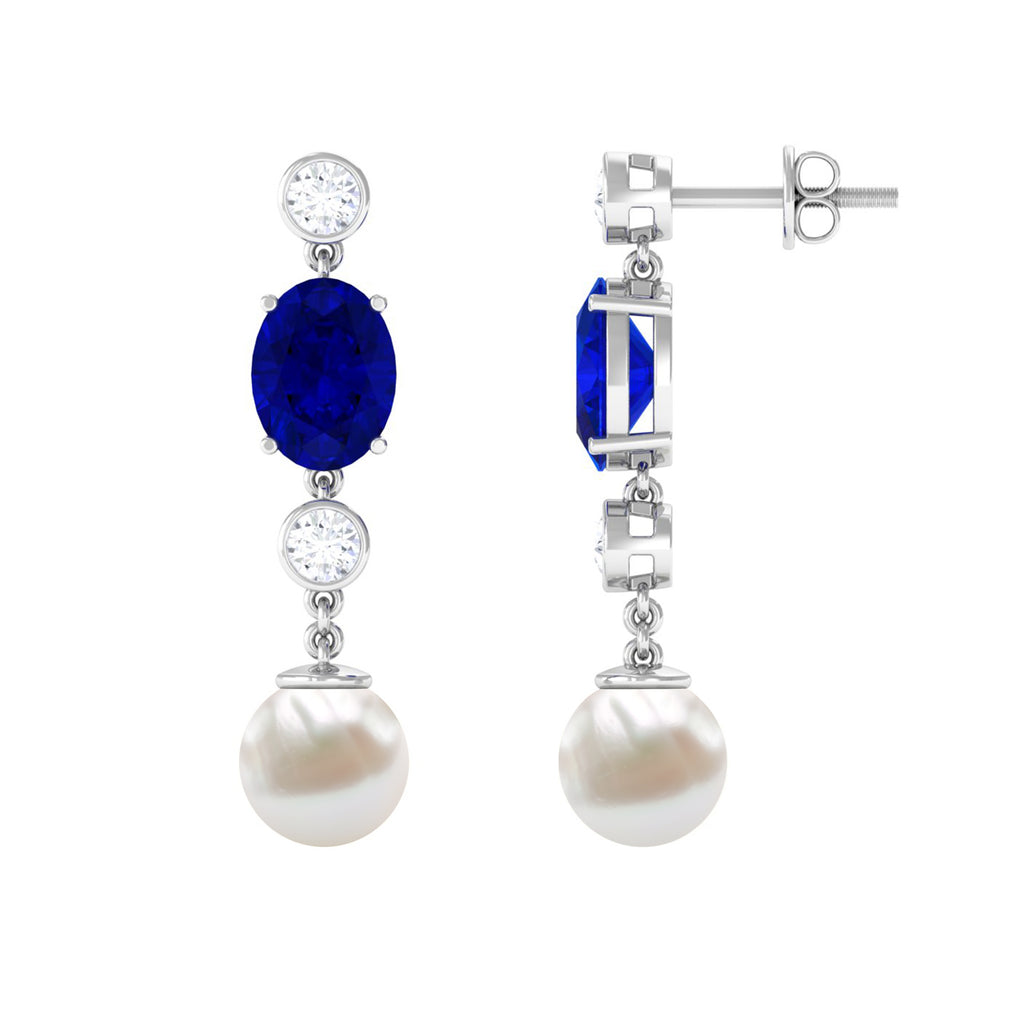 10 CT Created Blue Sapphire and Freshwater Pearl Dangle Earrings with Moissanite Freshwater Pearl - ( AAA ) - Quality - Rosec Jewels