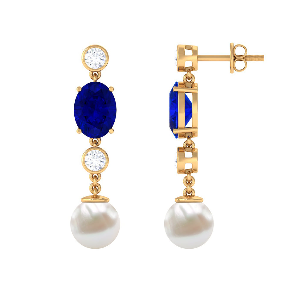 10 CT Created Blue Sapphire and Freshwater Pearl Dangle Earrings with Moissanite Freshwater Pearl - ( AAA ) - Quality - Rosec Jewels