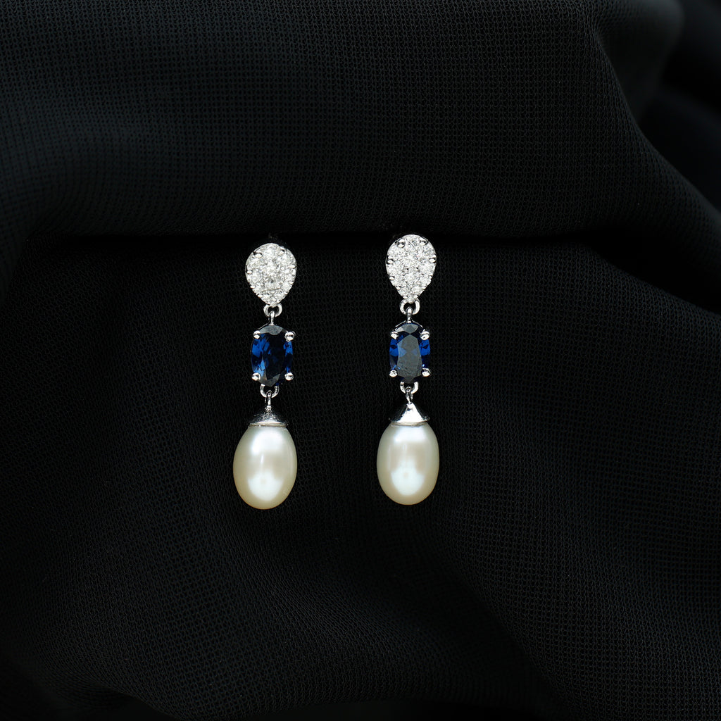 Oval Created Blue Sapphire and Freshwater Pearl Dangle Earrings with Moissanite Freshwater Pearl - ( AAA ) - Quality - Rosec Jewels