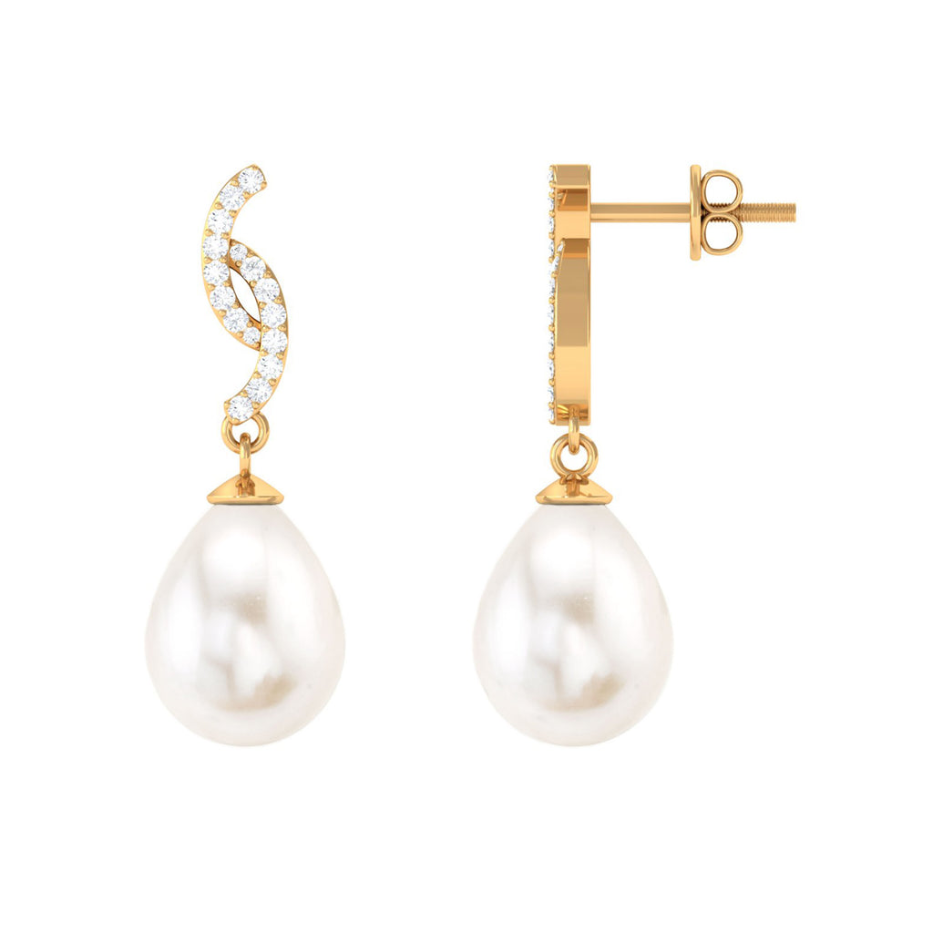 Freshwater Pearl Contemporary Drop Earring with Diamond Freshwater Pearl - ( AAA ) - Quality - Rosec Jewels
