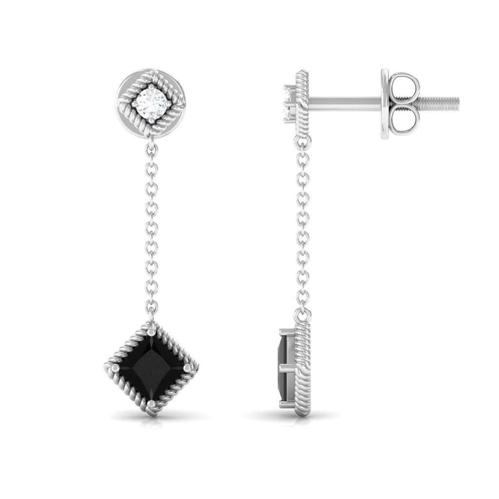1.25 CT Princess Cut Black Onyx Chain Dangle Earrings with Diamond Black Onyx - ( AAA ) - Quality - Rosec Jewels