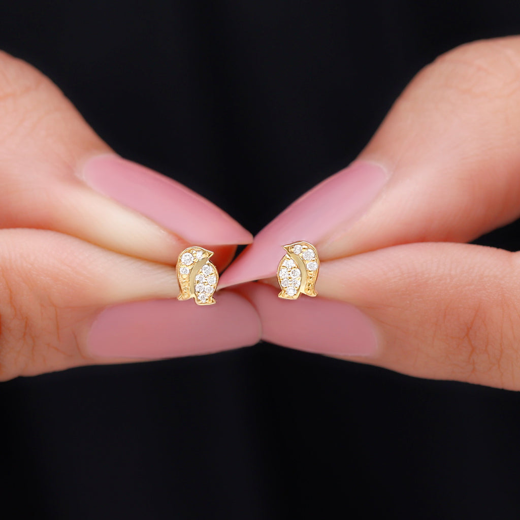 Natural Diamond Gold Penguin Stud Earrings Diamond - ( HI-SI ) - Color and Clarity - Rosec Jewels