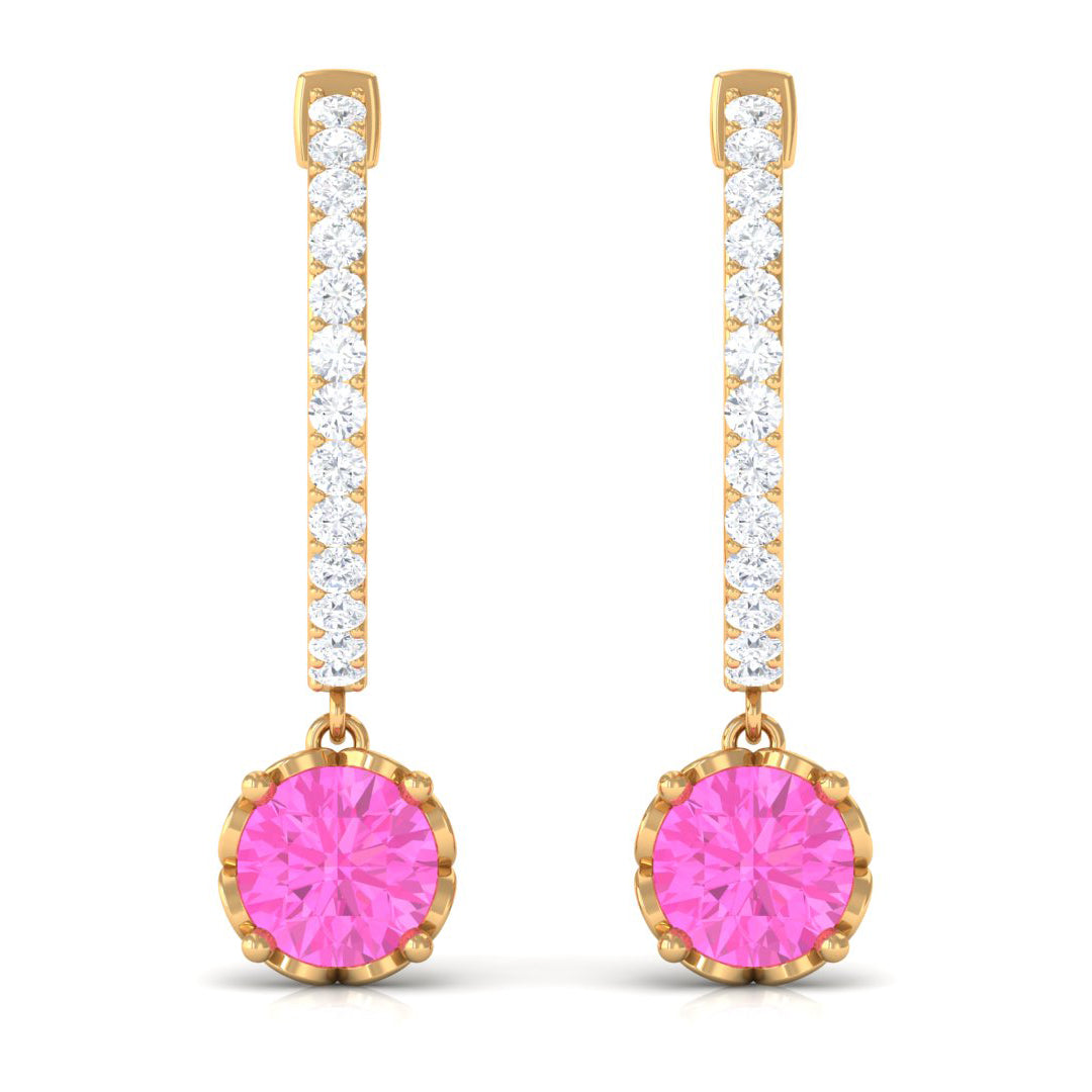 Created Pink Sapphire Hoop Earrings With Diamond Lab Created Pink Sapphire - ( AAAA ) - Quality - Rosec Jewels
