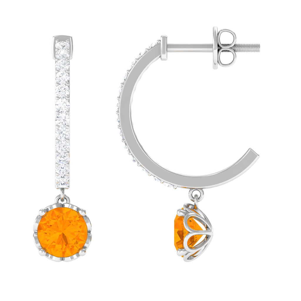 Minimal Round Fire Opal and Diamond Hoop Drop Earrings Fire Opal - ( AAA ) - Quality - Rosec Jewels