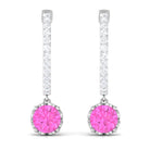 Round Pink Sapphire Hoop Drop Earrings with Diamond Pink Sapphire - ( AAA ) - Quality - Rosec Jewels