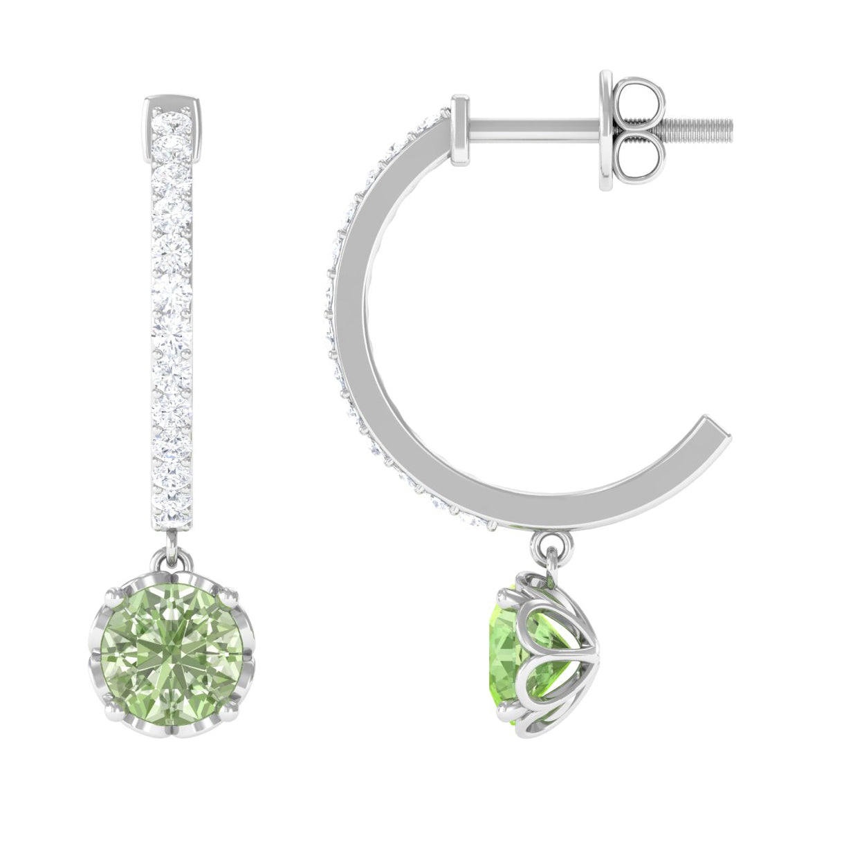 Round Green Sapphire Hoop Drop Earrings with Diamond Green Sapphire - ( AAA ) - Quality - Rosec Jewels