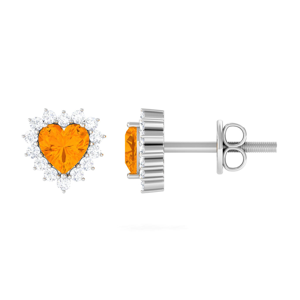 Minimal Heart Shape Fire Opal Halo Stud Earrings with Diamond Fire Opal - ( AAA ) - Quality - Rosec Jewels