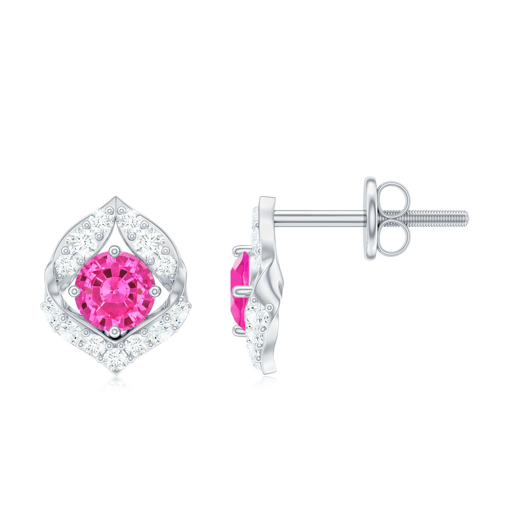 Created Pink Sapphire Nature Inspired Stud Earrings With Diamond Lab Created Pink Sapphire - ( AAAA ) - Quality - Rosec Jewels