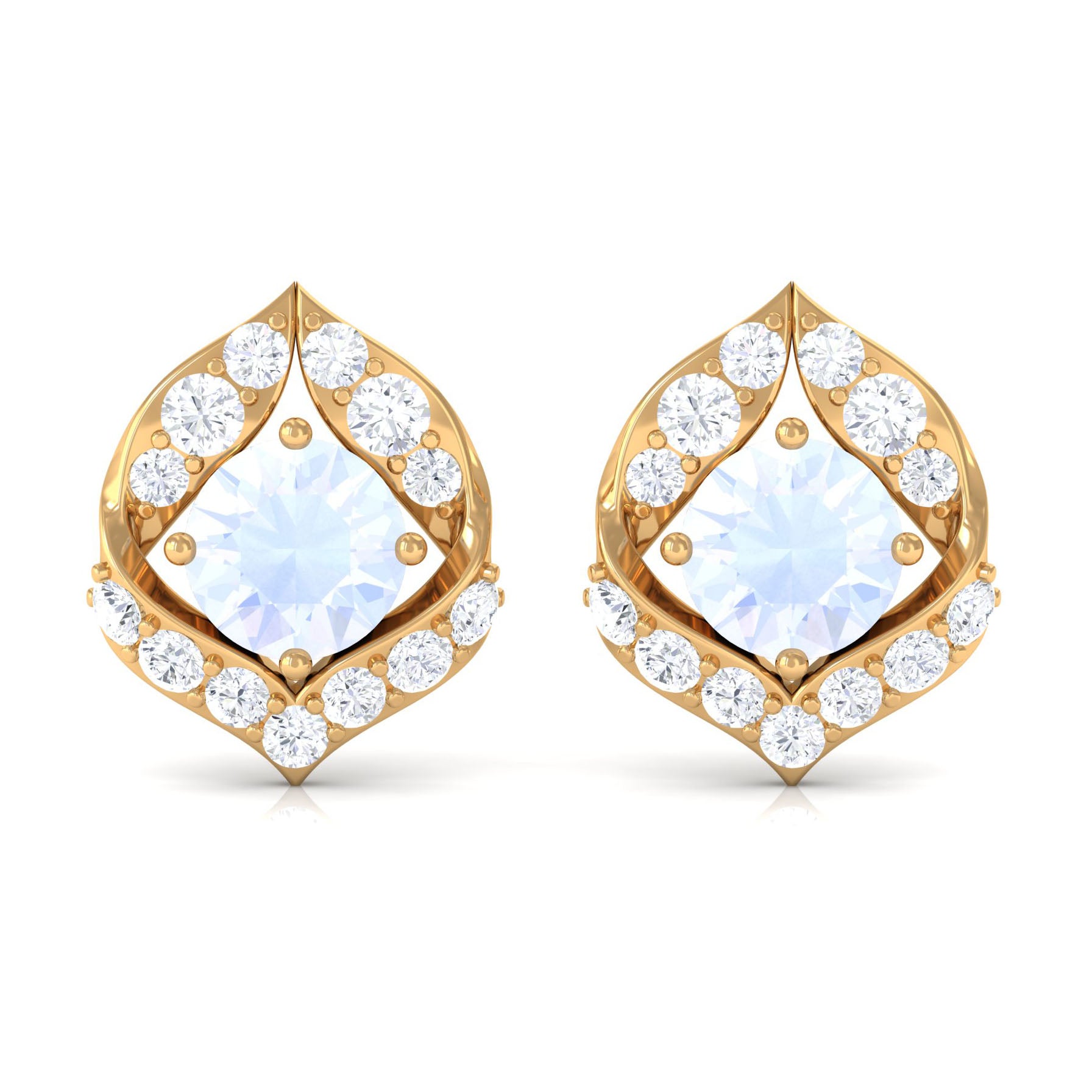 Dainty Moonstone and Diamond Petal Stud Earrings Moonstone - ( AAA ) - Quality - Rosec Jewels