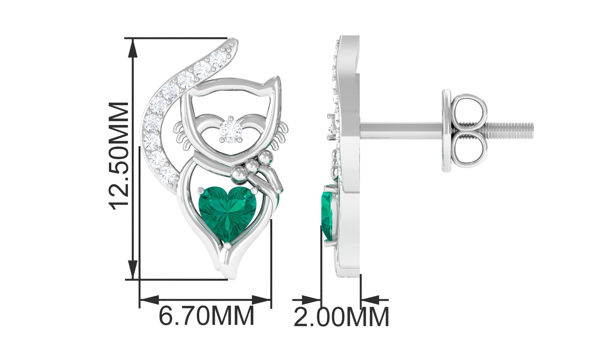 Cute Cat Stud Earrings with Emerald and Diamond Emerald - ( AAA ) - Quality - Rosec Jewels