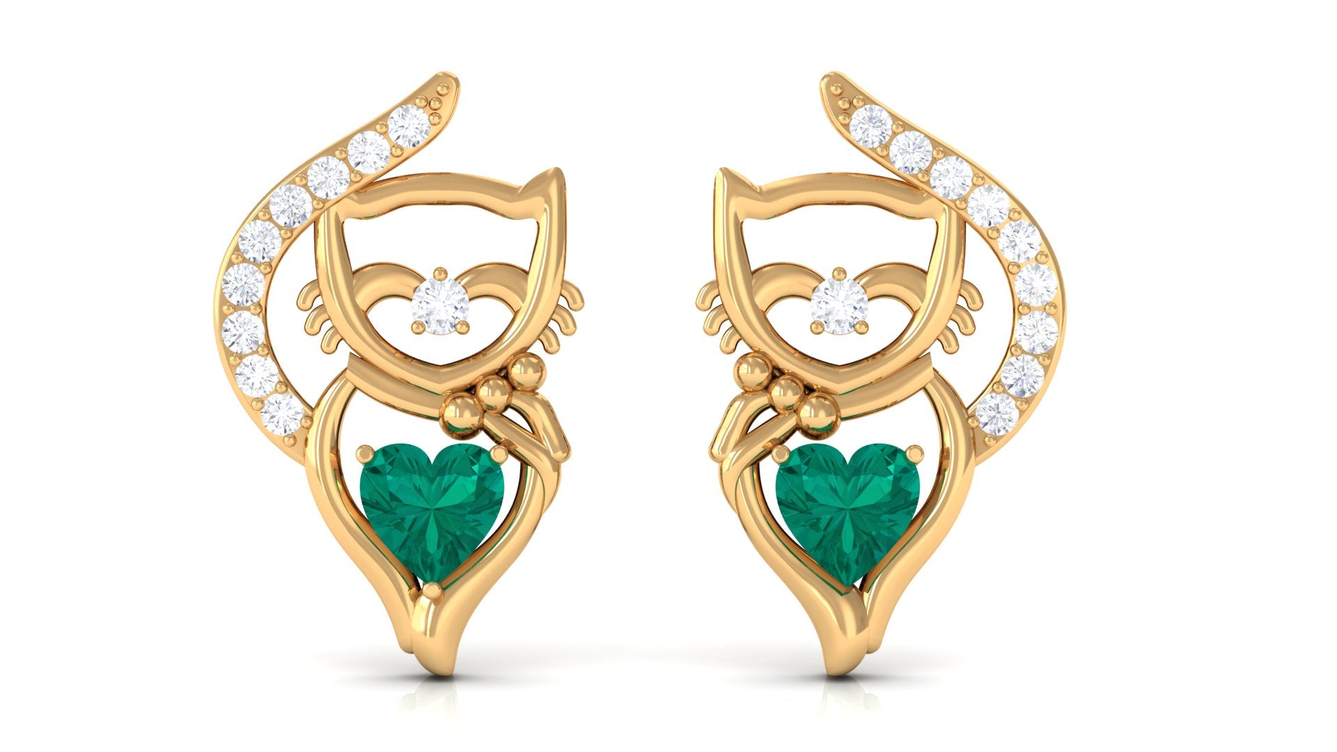 Cute Cat Stud Earrings with Emerald and Diamond Emerald - ( AAA ) - Quality - Rosec Jewels