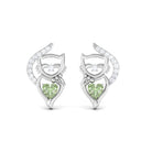 Heart Shape Green Sapphire Cute Cat Stud Earrings with Diamond Green Sapphire - ( AAA ) - Quality - Rosec Jewels