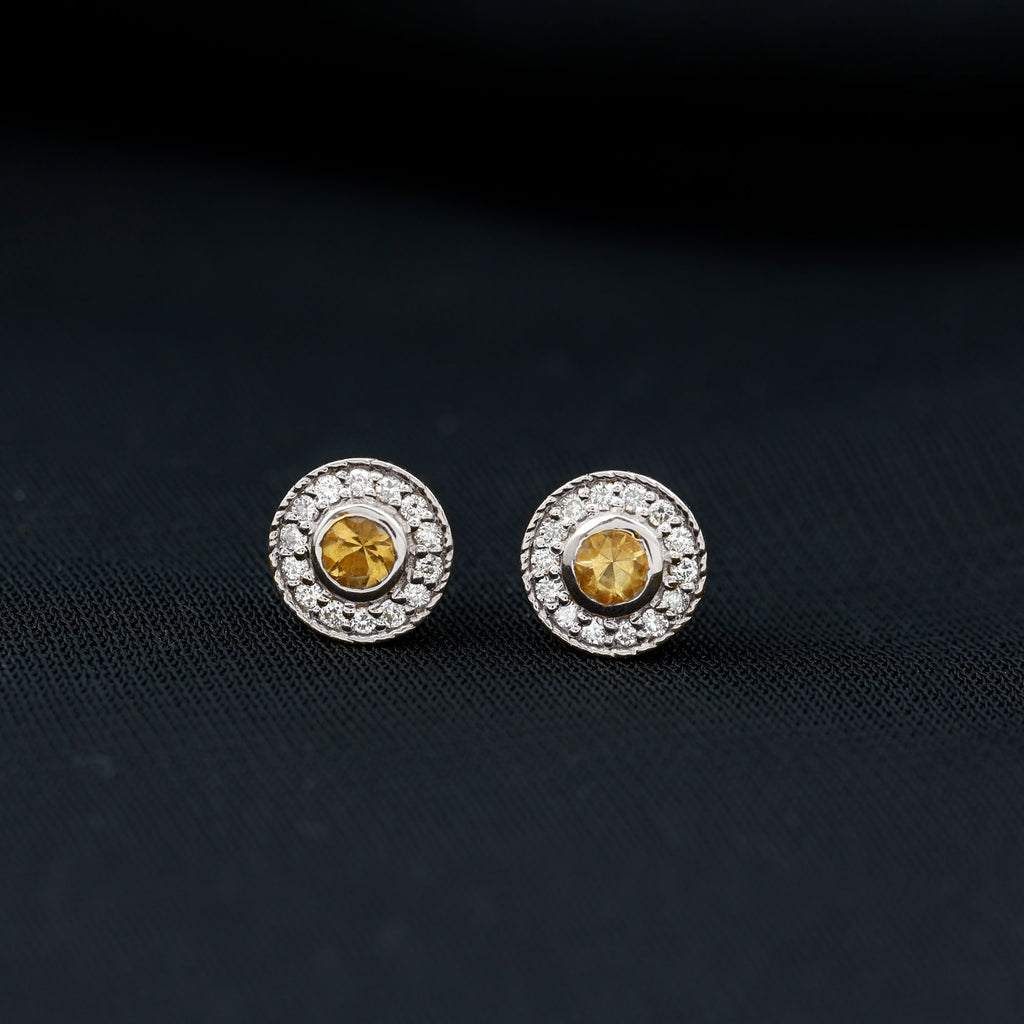 Round Citrine Halo Stud Earrings with Diamond in Twisted Rope Frame Citrine - ( AAA ) - Quality - Rosec Jewels