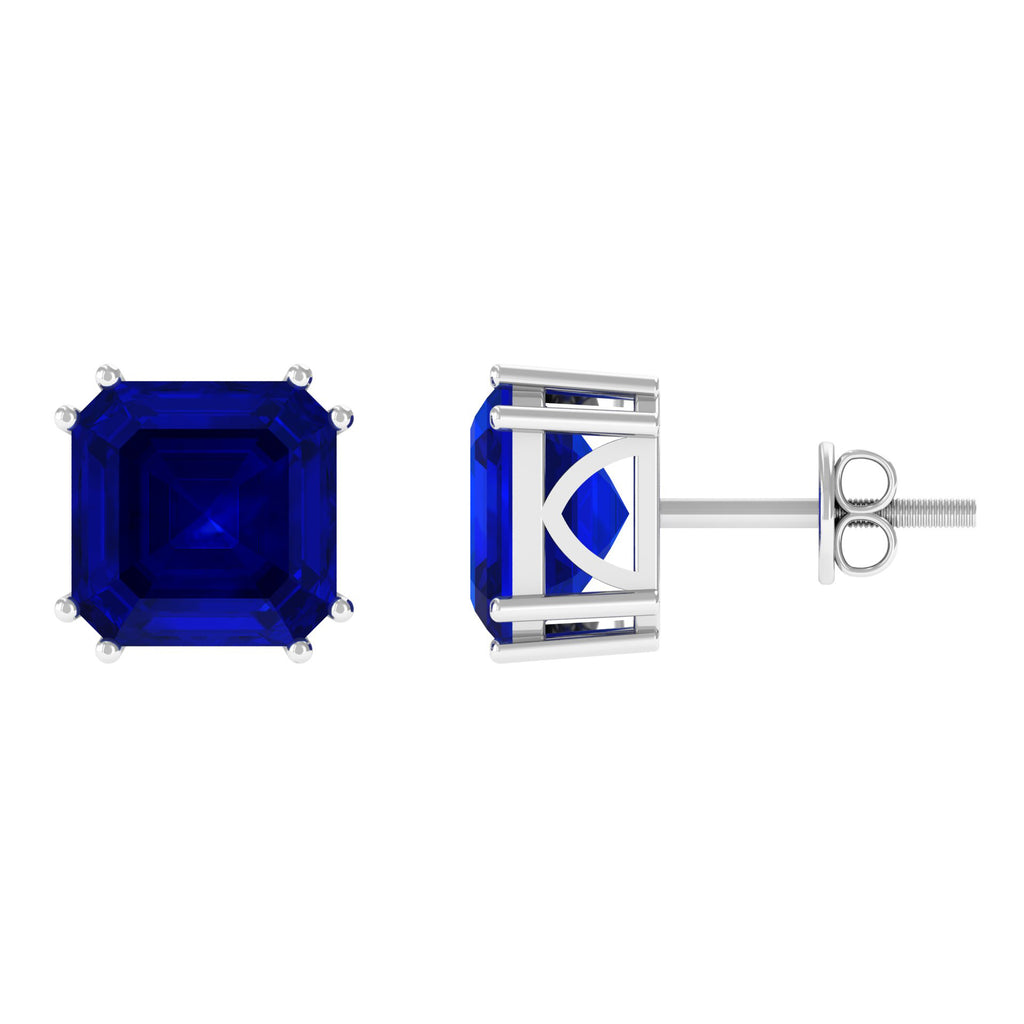 9.50 CT Asscher Cut Created Blue Sapphire Solitaire Stud Earrings Lab Created Blue Sapphire - ( AAAA ) - Quality - Rosec Jewels