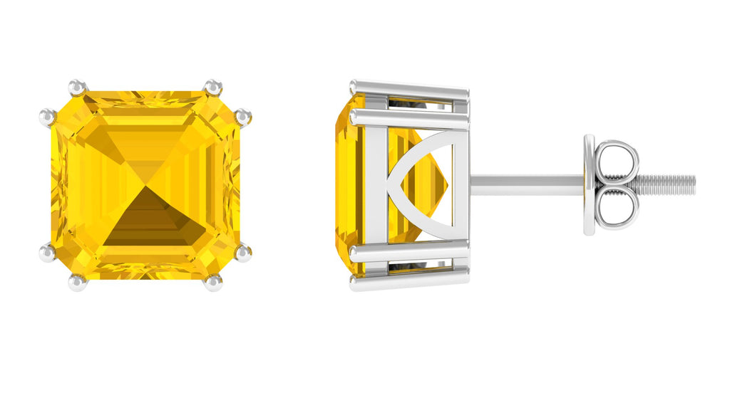 9.5 CT Asscher Cut Created Yellow Sapphire Solitaire Stud Earrings Lab Created Yellow Sapphire - ( AAAA ) - Quality - Rosec Jewels