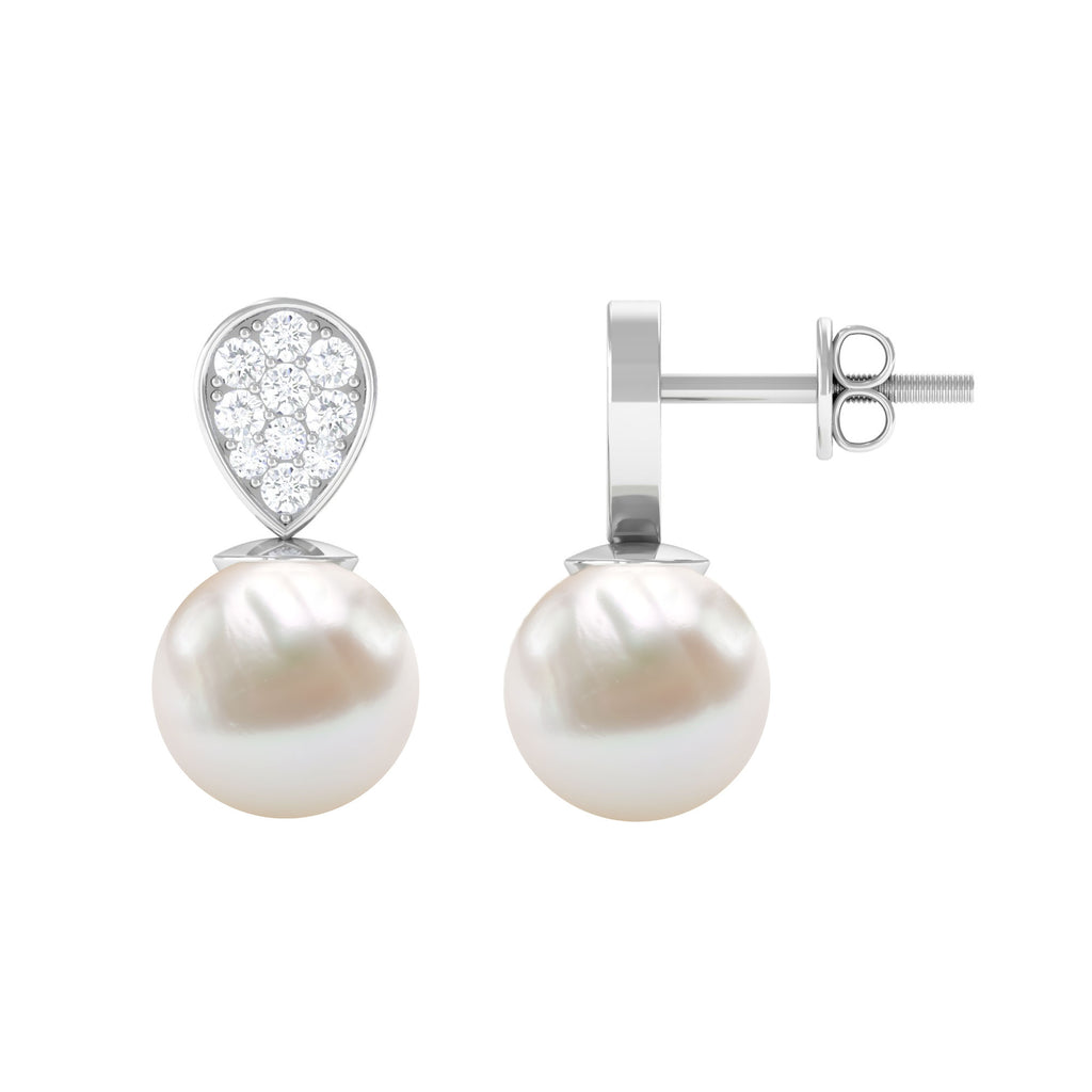 Real Freshwater Pearl and Diamond Minimal Drop Earrings Freshwater Pearl - ( AAA ) - Quality - Rosec Jewels