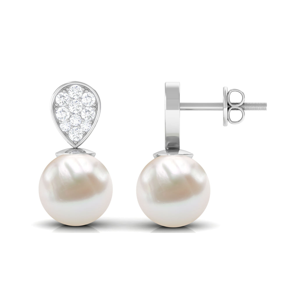 Real Freshwater Pearl and Diamond Minimal Drop Earrings Freshwater Pearl - ( AAA ) - Quality - Rosec Jewels