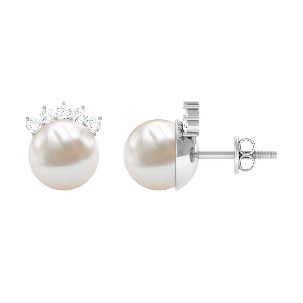 Crown Freshwater Pearl Stud Earring with Shiny Diamond Freshwater Pearl - ( AAA ) - Quality - Rosec Jewels