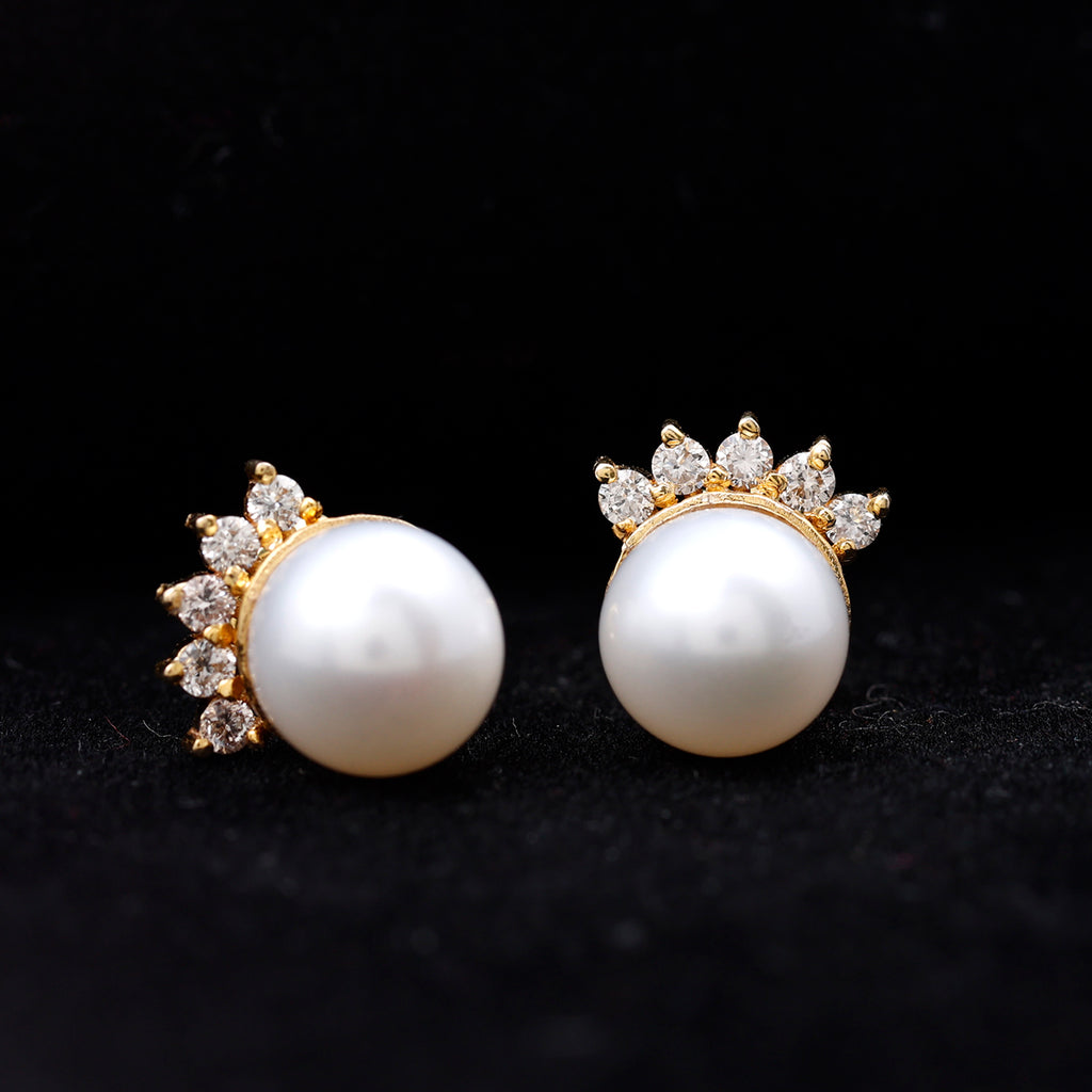 Crown Freshwater Pearl Stud Earring with Shiny Diamond Freshwater Pearl - ( AAA ) - Quality - Rosec Jewels