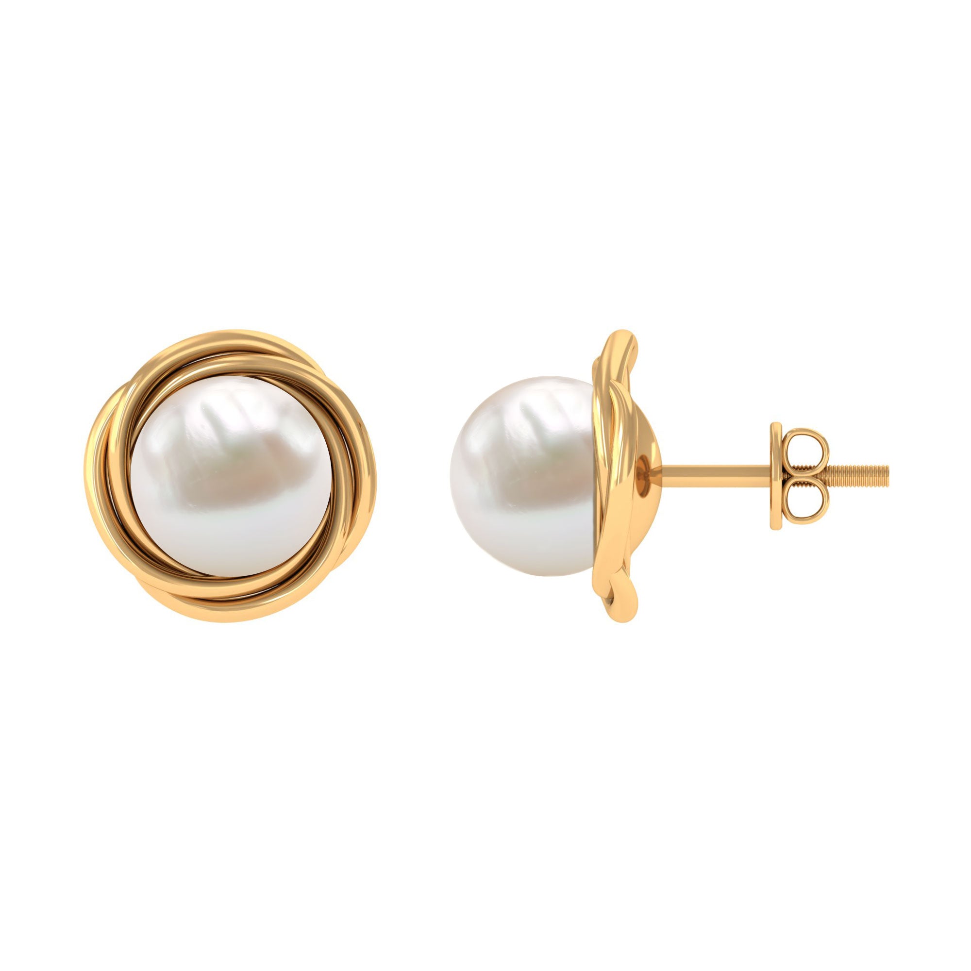 Freshwater Pearl Solitaire and Gold Swirl Stud Earrings Freshwater Pearl - ( AAA ) - Quality - Rosec Jewels