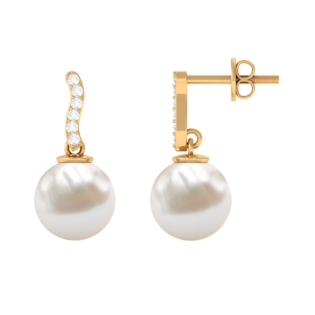8 MM Freshwater Pearl Drop and Curved Diamond Bar Earring Freshwater Pearl - ( AAA ) - Quality - Rosec Jewels